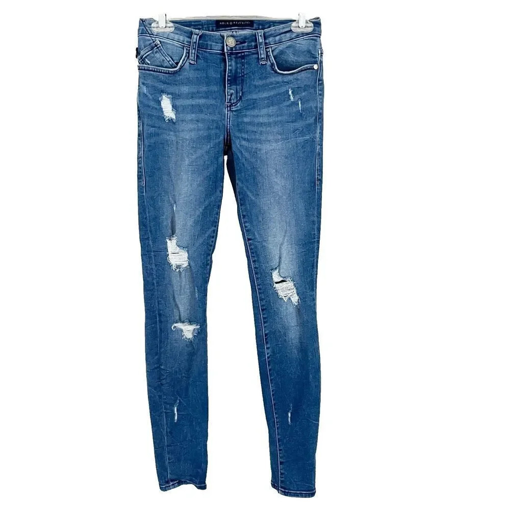 Rock & Republic Womens Blue Skinny Jeans Size 2 Distressed Denim Medium Wash